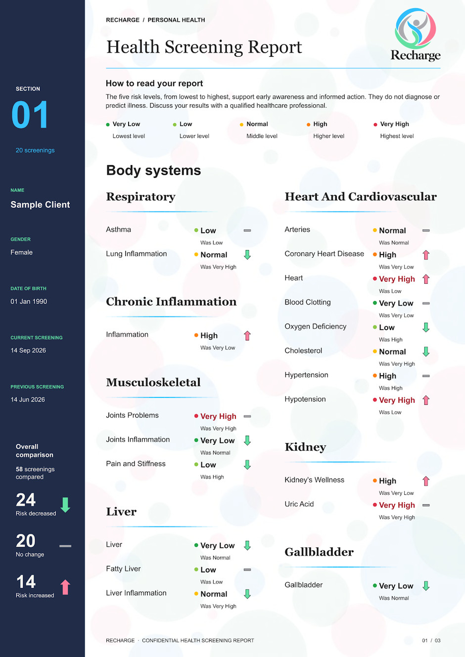 Sample Recharge report, page 1: Body systems. Fictional client and results.
